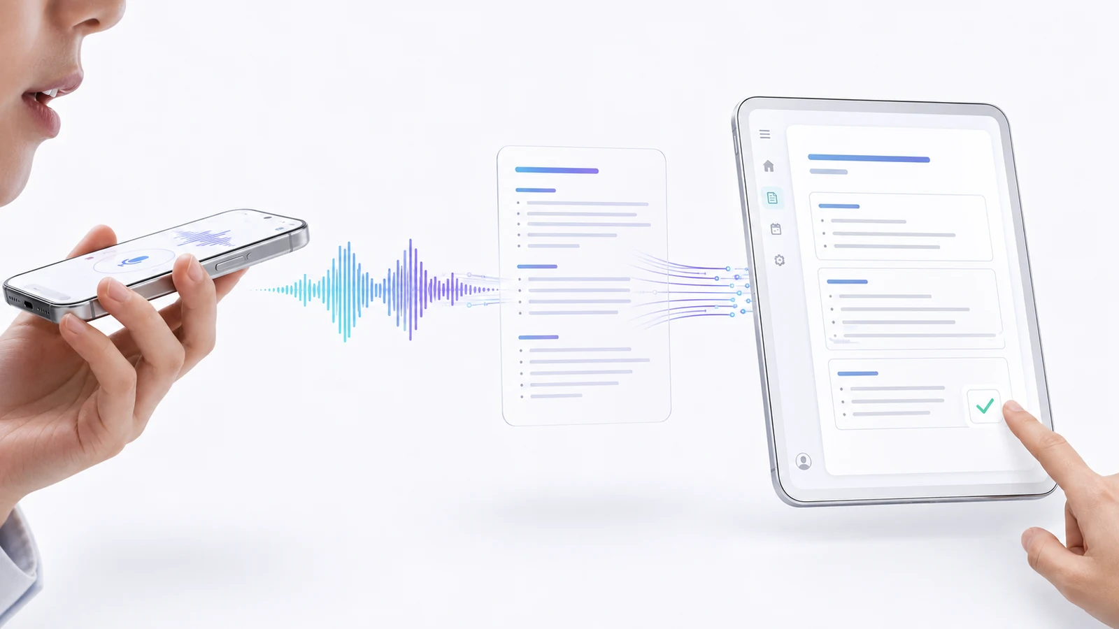 音声メモから記録の下書きが作られ、最後に看護師が内容を確認して確定する流れ